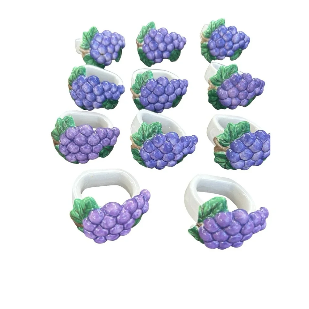 Grape Bunch Fruit Porcelain Napkin Holders Rings Set of 11 Flaw Maximalist
